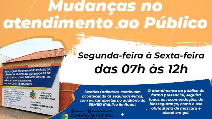 Devido a reforma, Câmara de Costa Rica terá atendimento das 7 às 12h