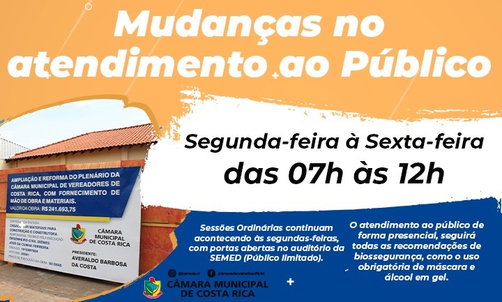 Devido a reforma, Câmara de Costa Rica terá atendimento das 7 às 12h