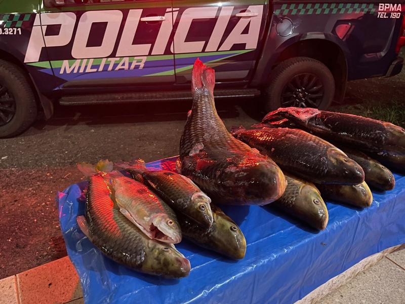 Polícia Militar Ambiental de Mundo Novo prende e autua dois paranaenses em R$ 1,8 mil por pesca predatória e apreendem 16 kg, lancha e motor e veículo