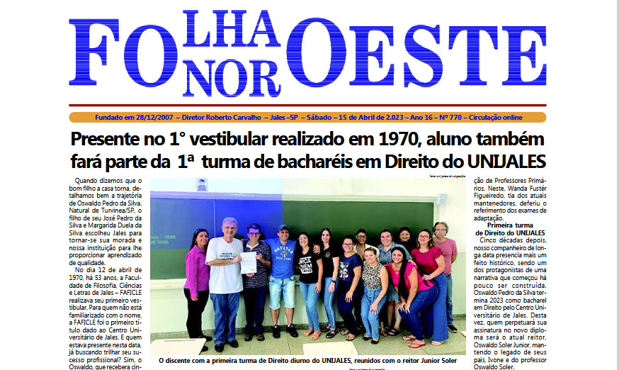 Jornal Folha Noroeste Digital  edição 770 de  15 de  Abril de 2023 Jales SP